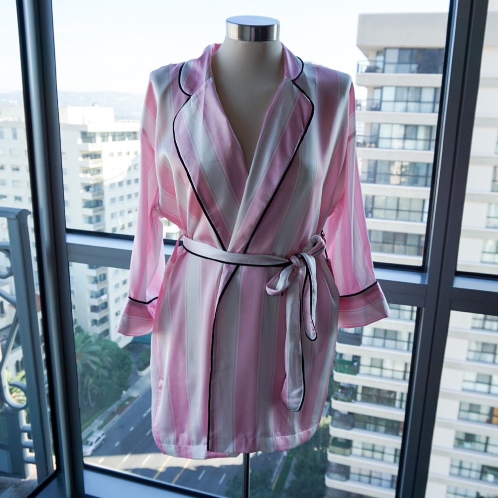 Satin Pink/White Striped Robe NWT